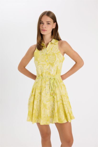 A Kesim Gömlek Yaka Desenli Vual Kolsuz Mini Elbise