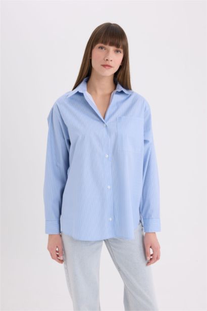 Oversize Fit Shirt Collar Poplin Printed Long Sleeve Shirt