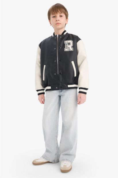 جاكيت بومبر اولادي جلد صناعي وتر بروف بياقة كوليج