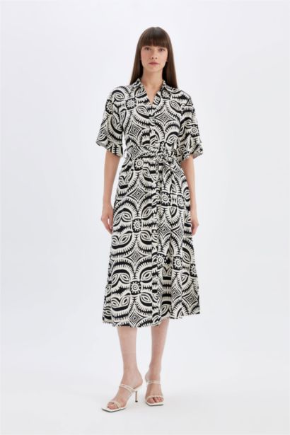 Shirt Collar Patterned Linen Blend Half Sleeve Midi Dress