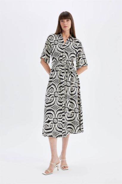 Shirt Collar Patterned Linen Blend Half Sleeve Midi Dress