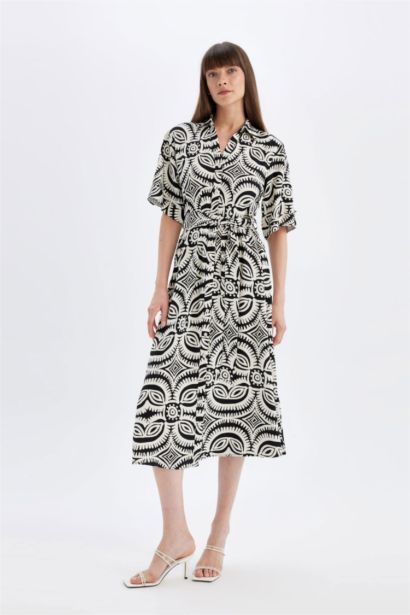 Shirt Collar Patterned Linen Blend Half Sleeve Midi Dress