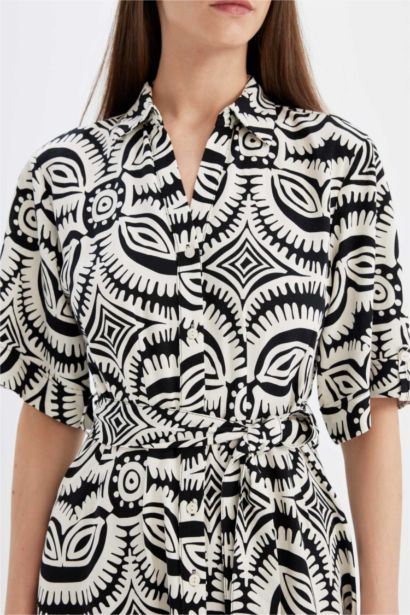 Shirt Collar Patterned Linen Blend Half Sleeve Midi Dress