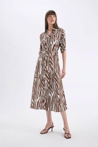 فستان ميدي نص ردن مطبوع بياخة قميص ممزوج بالكتان