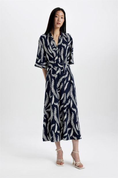 فستان ميدي نص ردن مطبوع بياخة قميص ممزوج بالكتان