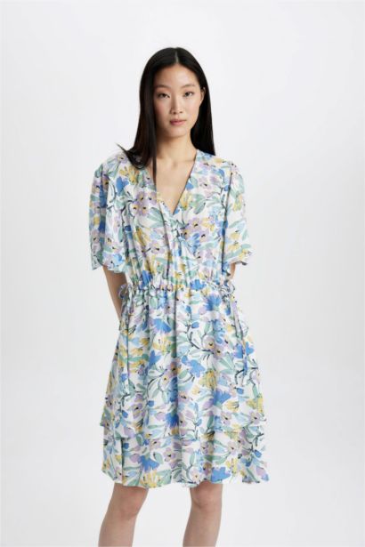 Wrap Collar Patterned Half Sleeve Mini Dress