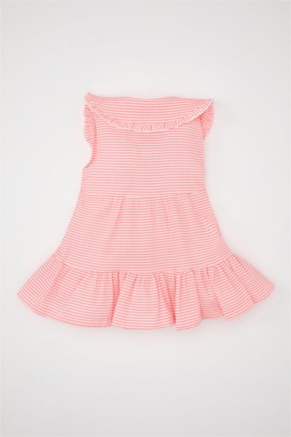 فستان بناتي مخطط بوبلين قصة عادية بدون ردن بياخة كبيرة