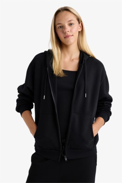 Relax Fit Hooded Basic Thick Fabric Cardigan