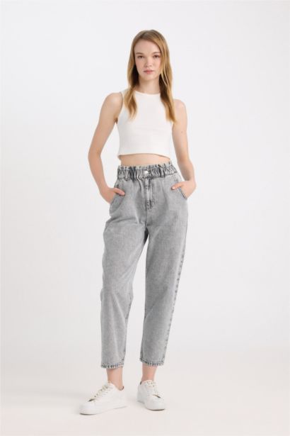 Pantalon Jean Paperbag délavé à taille haute et longueur cheville