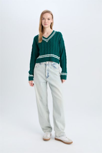 Regular Fit V-Neck Knitwear Trendy Dress Pullover