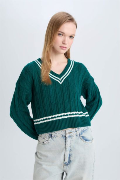 Regular Fit V-Neck Knitwear Trendy Dress Pullover