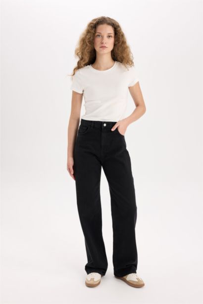 Pantalon Jean long taille haute à jambes larges Style des années 90