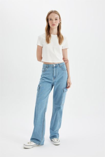 90's Wide Leg Yüksek Bel Uzun Jean Yıkamalı Pantolon