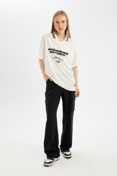 Straight Fit High Waist Gabardine Cargo Pants