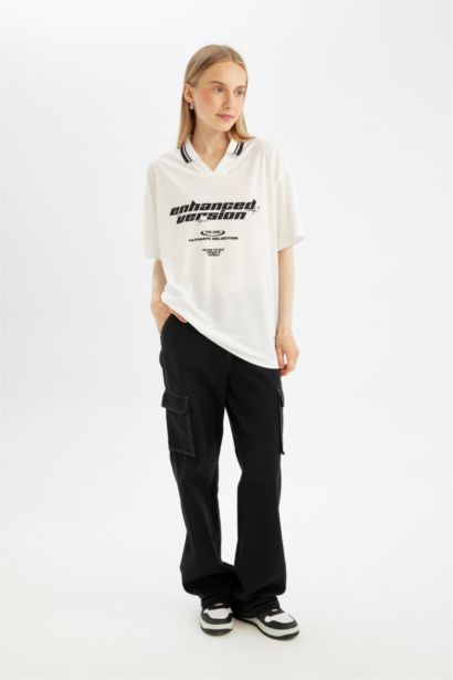 Straight Fit High Waist Gabardine Cargo Pants