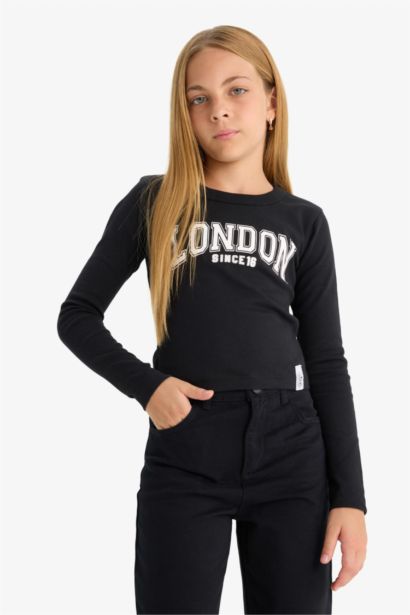 Slim Fit Dar Kesim Bisiklet Yaka Baskılı Fitilli Kaşkorse Uzun Kollu Tişört Kız Çocuk