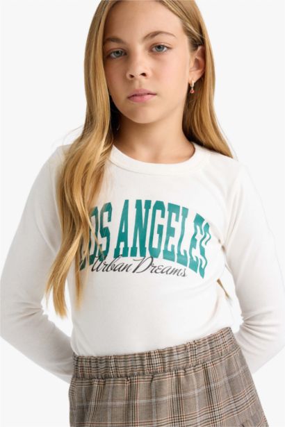 تيشيرت بناتي ردن طويل مضلع بطبعة شعار سليم فيت بياخة مستديرة