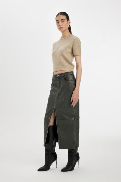 Pencil Skirt Faux Leather Maxi Knitted Skirt