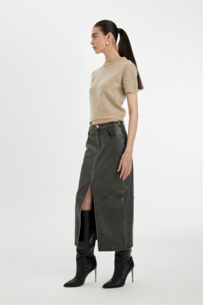 Pencil Skirt Faux Leather Maxi Knitted Skirt