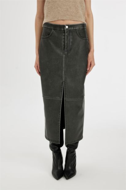 Pencil Skirt Faux Leather Maxi Knitted Skirt