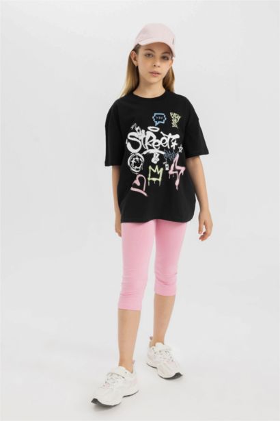 Ensemble T-shirt imprimé à col rond et Short pour fille