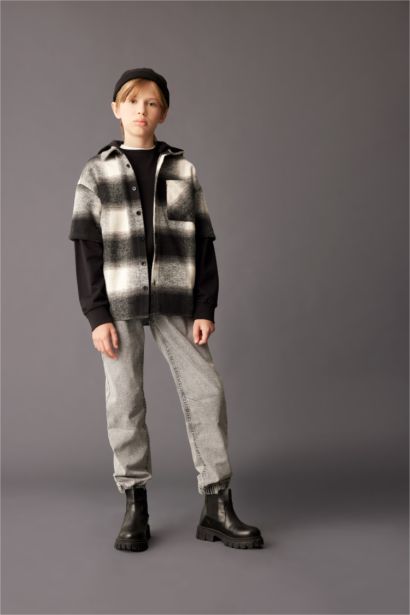 Oversize Geniş Kalıp Kapüşonlu Flanel Uzun Kollu Gömlek Erkek Çocuk