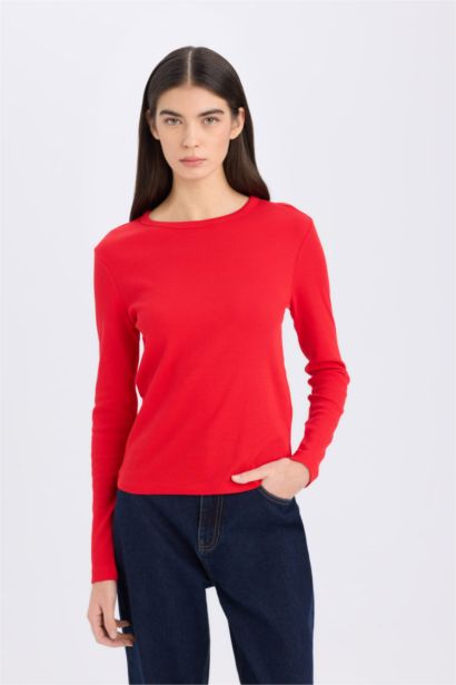 Slim Fit Crew Neck Basic Casual Ribbed Long Sleeve T-shirt