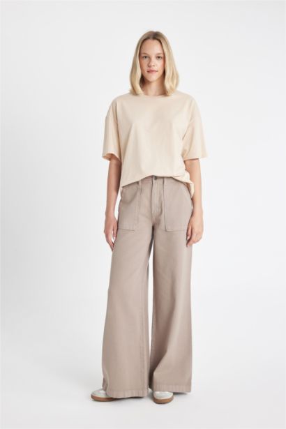 Wide Leg High Waist Gabardine Trousers