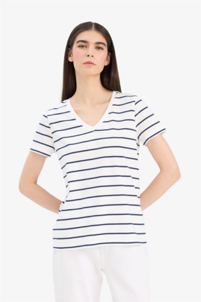 T-Shirt Coupe Relax Manches Courtes à Rayures Col en V