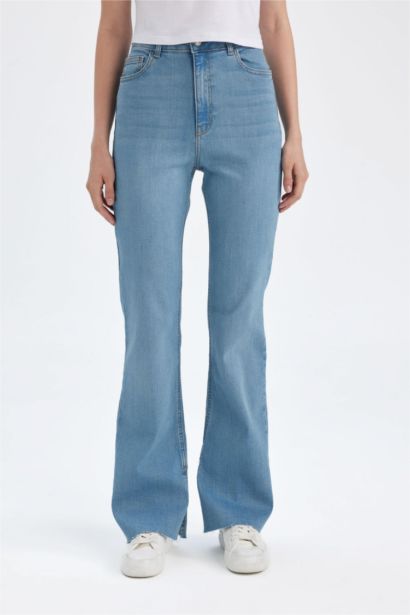 Slım Flare Yüksek Bel Paça Ucu Kesik Uzun Jean Pantolon