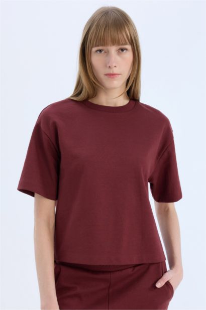 Relax Fit Crew Neck Basic Burgundy T-Shirt