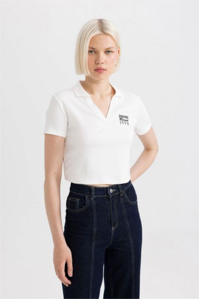 Fitted Polo Neck Slogan Printed T-Shirt