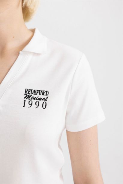 Fitted Polo Neck Slogan Printed T-Shirt