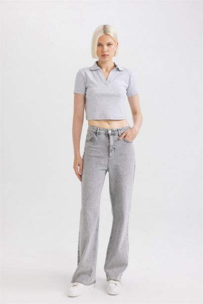 Fitted Polo Neck Slogan Printed T-Shirt