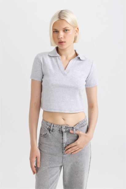 Fitted Polo Neck Slogan Printed T-Shirt