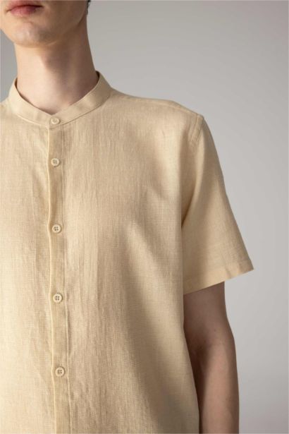 Regular Fit Stand Collar Cotton Short Sleeve Shirt