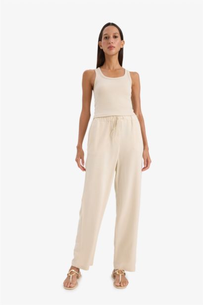 Jogger Keten Karışımlı Pantolon Cepli Yüksek Bel Bağcıklı