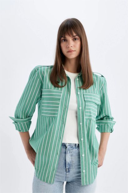 Relax Fit Shirt Collar Printed Poplin Long Sleeve Tunic