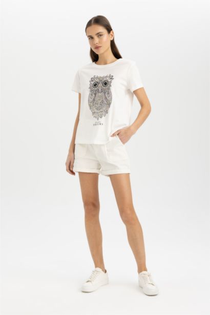 Regular Fit Crew Neck Owl Pattern Short Sleeve T-Shirt