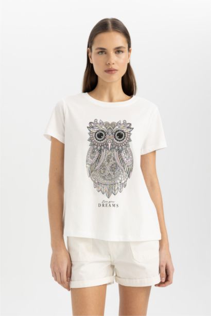Regular Fit Crew Neck Owl Pattern Short Sleeve T-Shirt