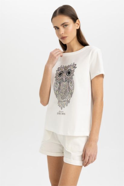 Regular Fit Crew Neck Owl Pattern Short Sleeve T-Shirt