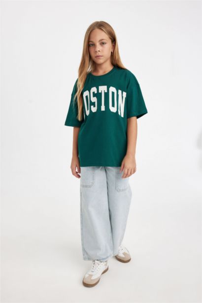 Girl Oversize Fit Crew Neck Text Printed T-Shirt
