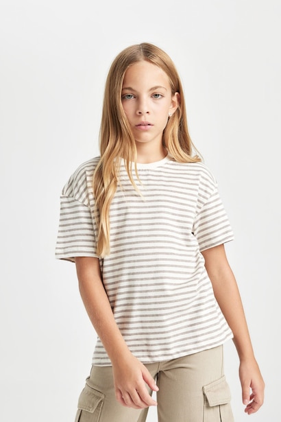 Girl Relax Fit Crew Neck Striped School T-Shirt
