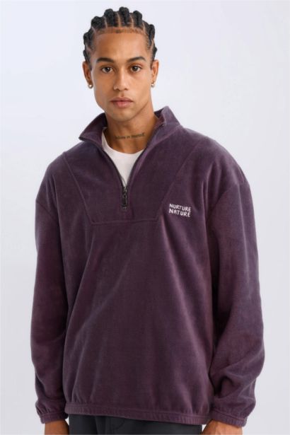 Comfort Regular Fit Rahat Kalıp Dik Yaka Baskılı Polar Sweatshirt