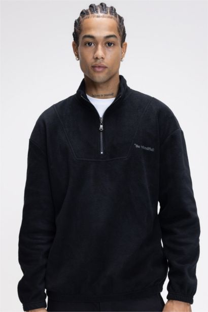 Comfort Regular Fit Rahat Kalıp Fermuarlı Dik Yaka Baskılı Polar Sweatshirt