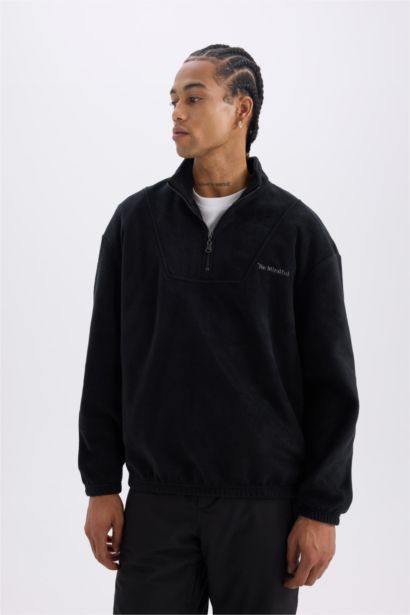 Comfort Regular Fit Rahat Kalıp Fermuarlı Dik Yaka Baskılı Polar Sweatshirt