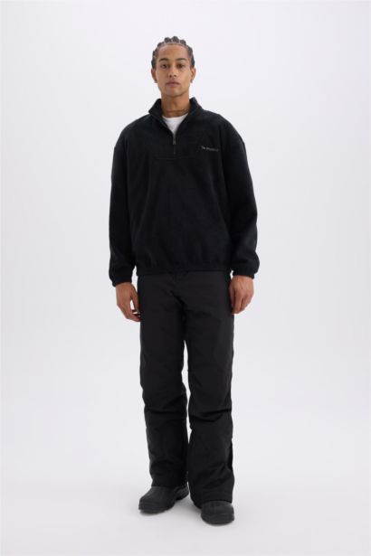 Comfort Regular Fit Rahat Kalıp Fermuarlı Dik Yaka Baskılı Polar Sweatshirt