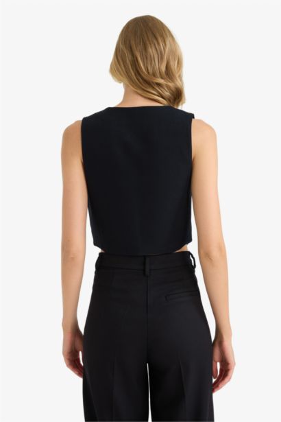 V Neck Linen Blend Crop Blazer Vest