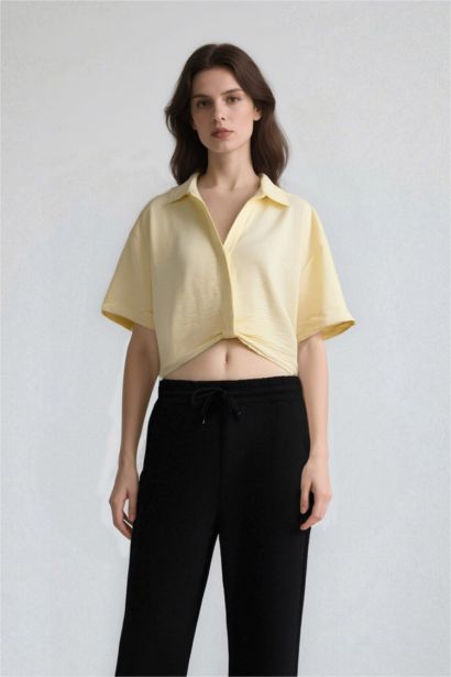 Cropped Fit Shirt Collar Linen Look Blouse