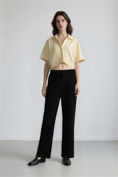 Cropped Fit Shirt Collar Linen Look Blouse